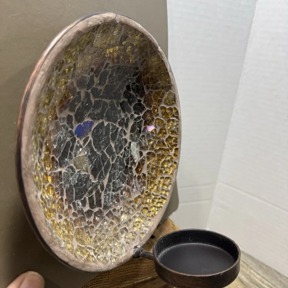 PIER ONEMosaic Round Crackle Gold Tan Glass and Metal‎ Wall Sconce Candle Holder